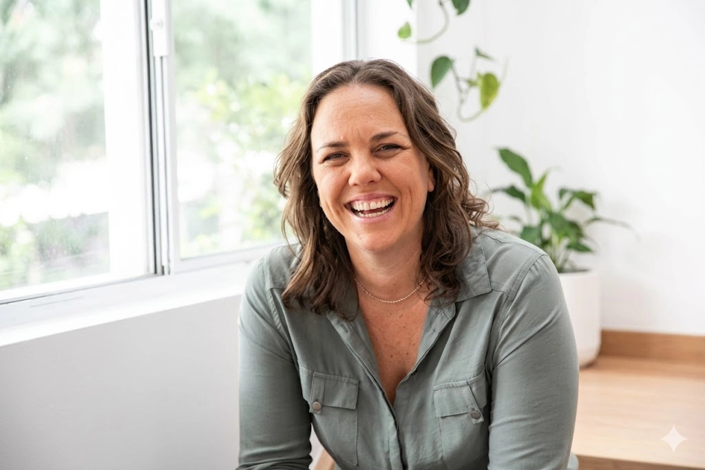 A portrait of Emily, a smiling woman with wavy brown hair, wearing a green button-down shirt and sitting in a bright, modern room with natural light and indoor plants.