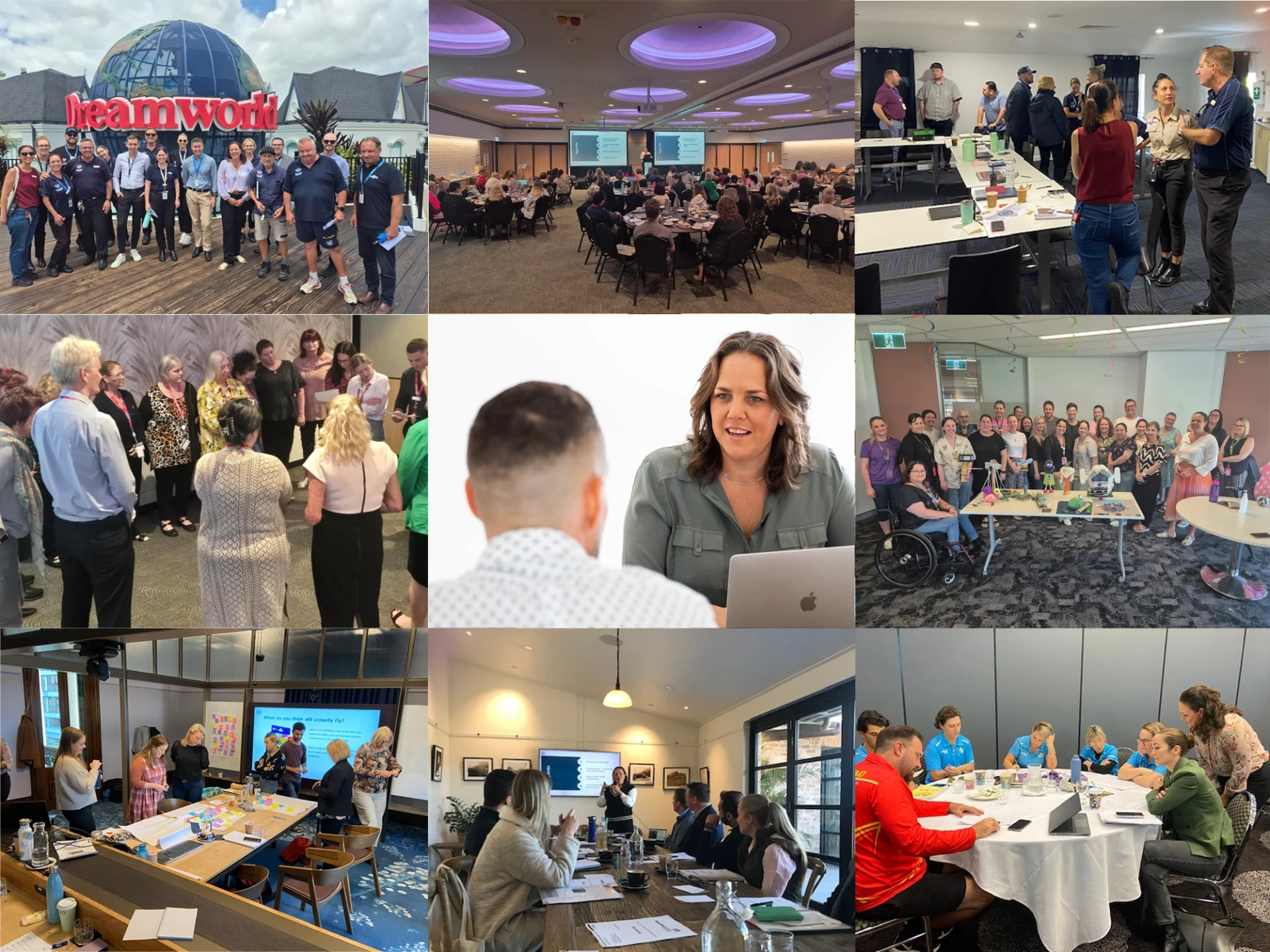 A 3x3 photo collage showcasing various corporate training, team building, and leadership workshops. Key images include a large outdoor group photo at Dreamworld, professional presentation halls, interactive group workshops with sticky notes and learning tools, a close-up of a female coach mentoring an individual over a laptop, and dynamic classroom sessions with diverse professionals collaborating around tables.