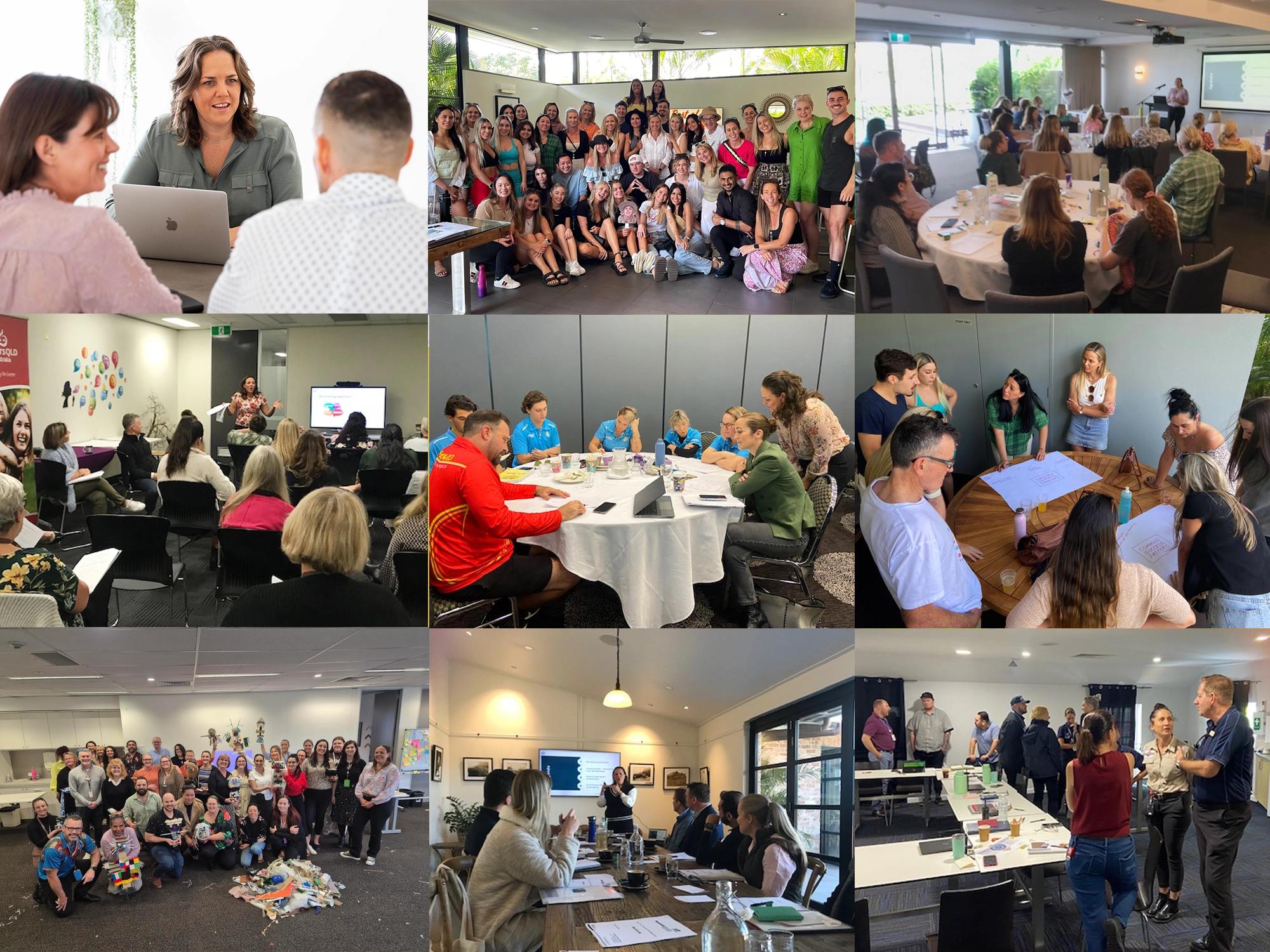 A diverse collage featuring professionals in various settings, including small group discussions, large conference workshops, and interactive seminars focused on staff training and development workplace wellbeing, leadership capability building, and team functioning.