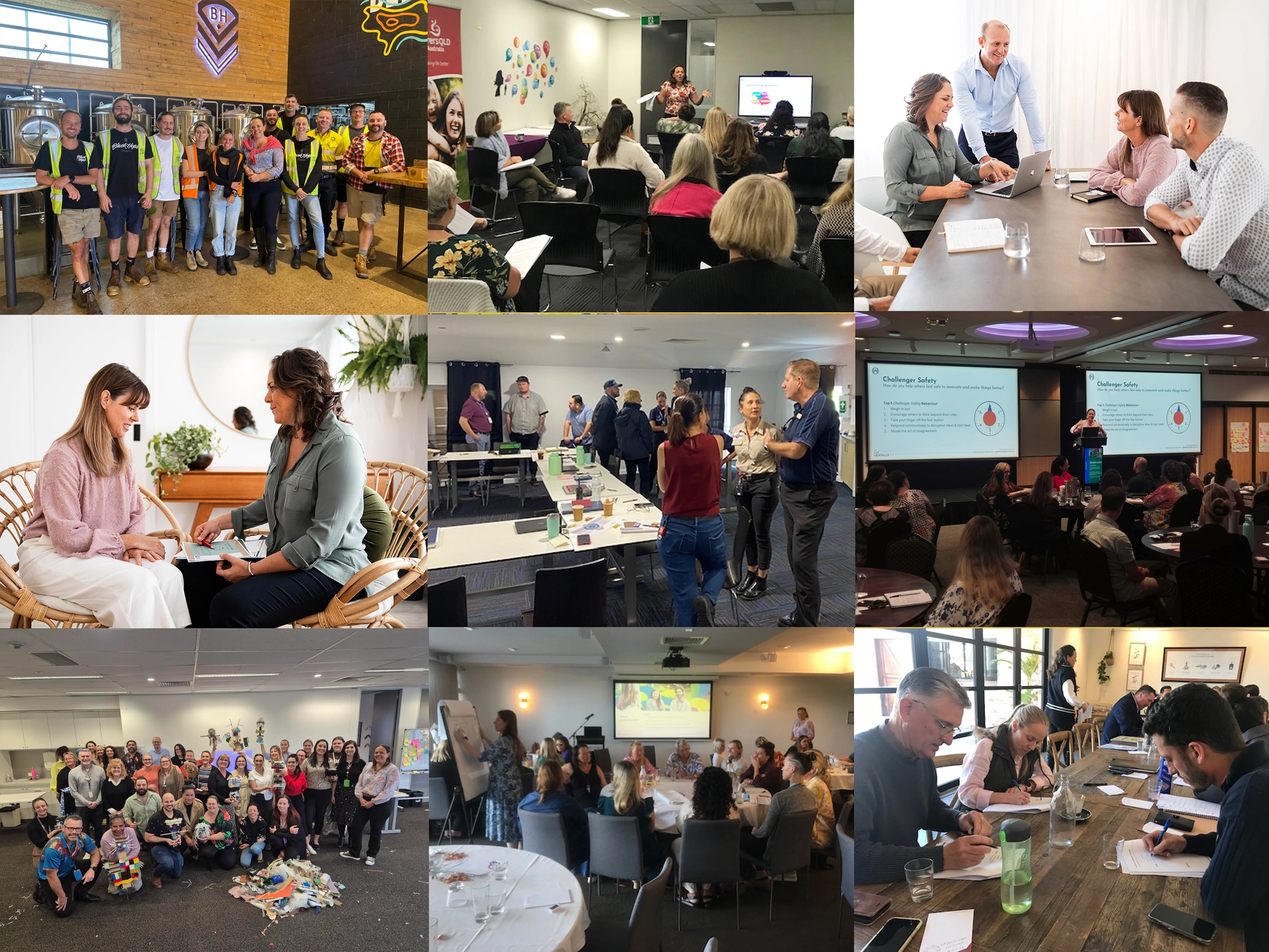 A professional photo collage showcasing the Get Mentally Fit approach, including industrial team photos, corporate workshops, one-on-one wellbeing assessments, and large group training sessions.