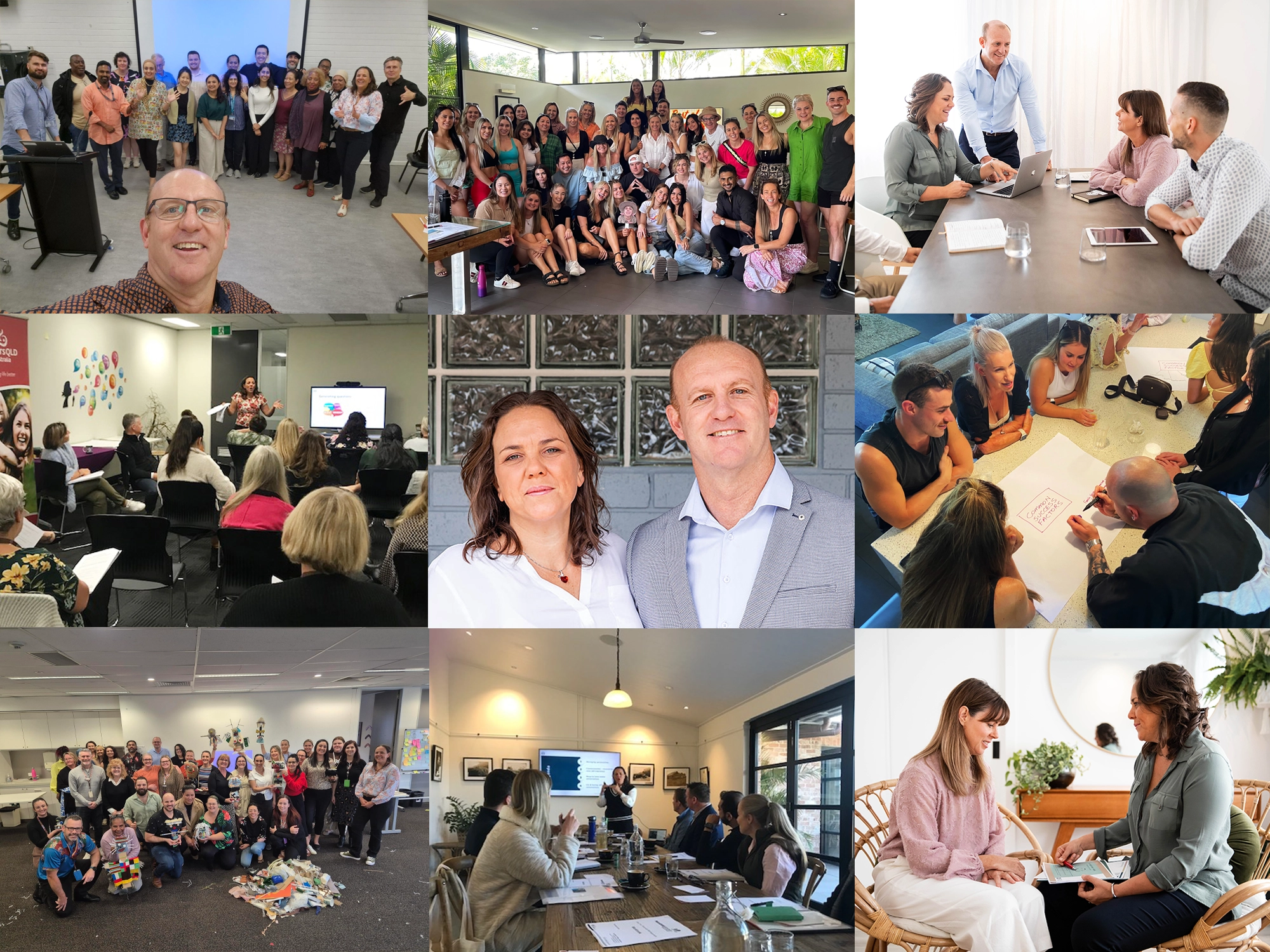 A professional collage featuring the Get Mentally Fit team and diverse groups of people participating in workshops, training sessions, and one-on-one consultations in various corporate and community settings.