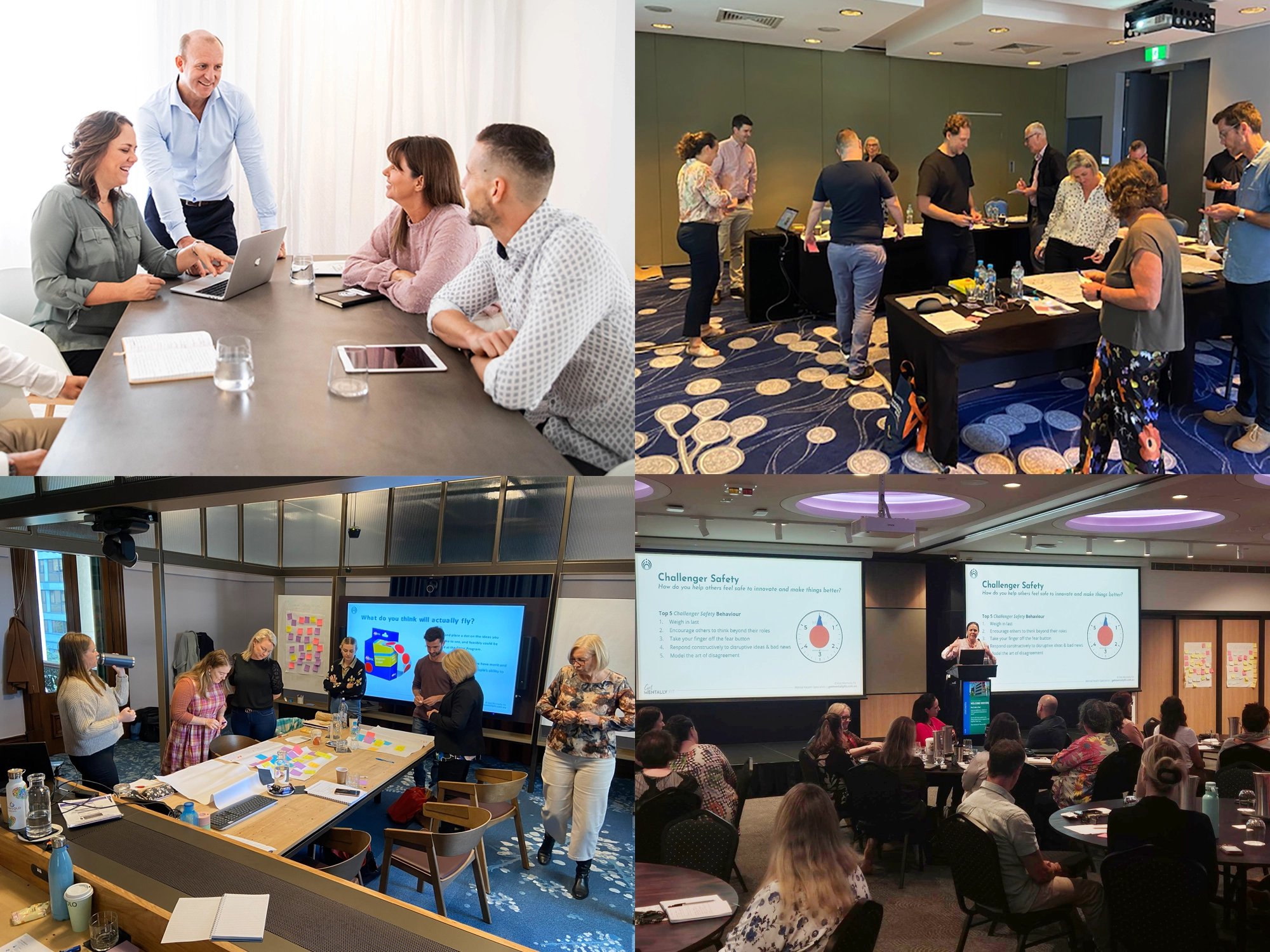 A professional montage showcasing Get Mentally Fit's organisational development in action, featuring Scott Johnson and Emily Johnson leading team strategy sessions, interactive workshops with sticky notes, and a keynote presentation on Psychosocial Safety and "Psychological Safety".
