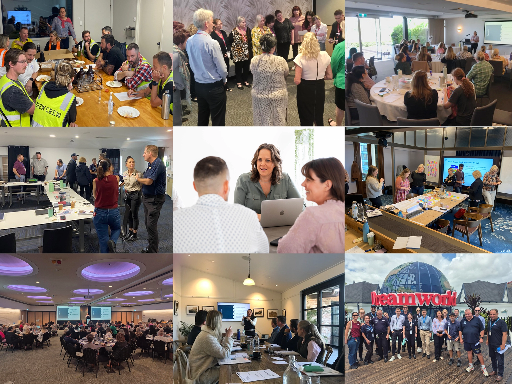 A collage of nine photos showcasing various group and team settings, professional training, a seminar, and individuals collaborating in workplaces, showcasing how Get Mentally Fit supports individual employees, teams, and organisations.