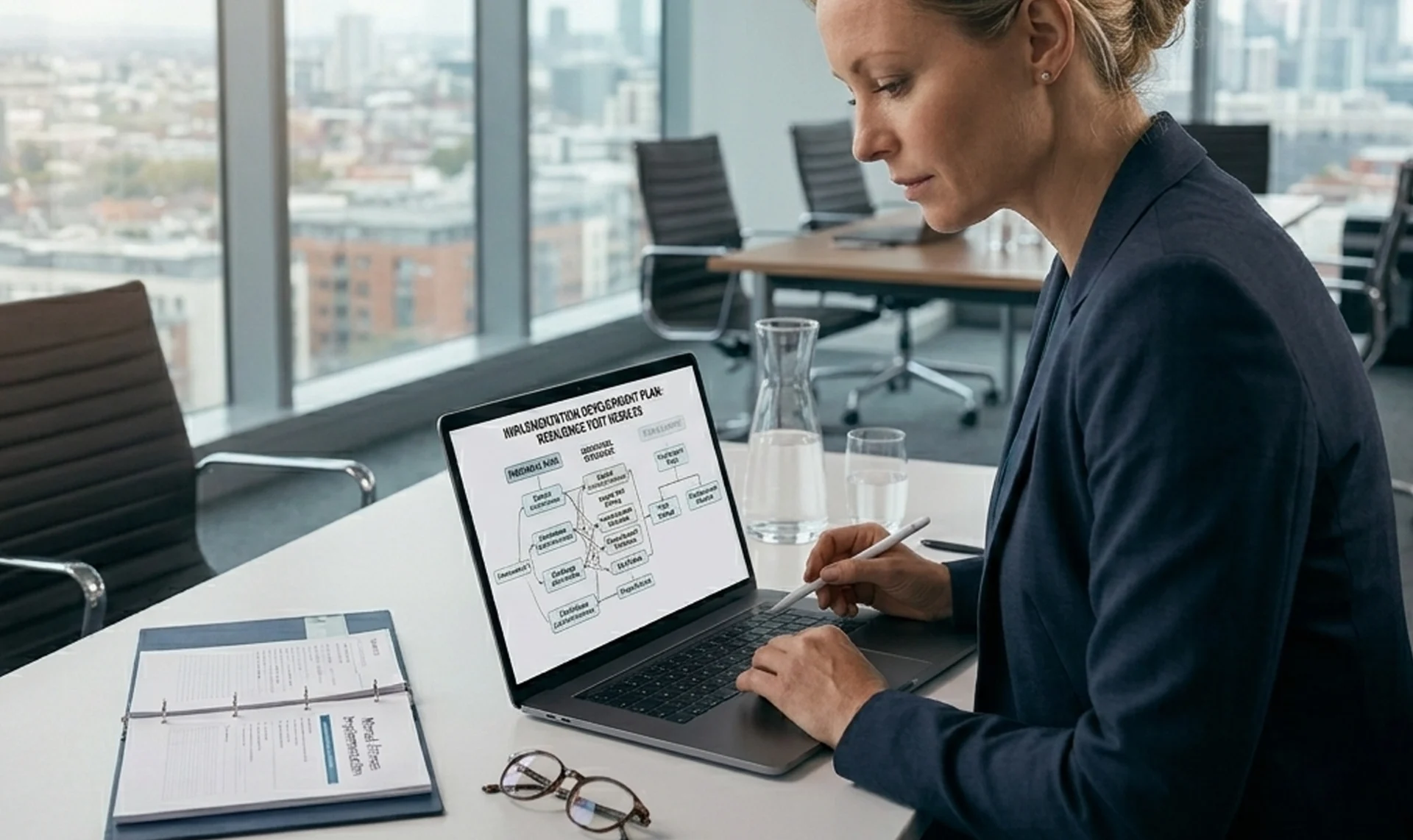 A professional woman in a private office setting attentively reviewing her confidential Implementation Development Plan on a laptop, illustrating the personal and reflective planning stage of Get Mentally Fit's Resilience Test.