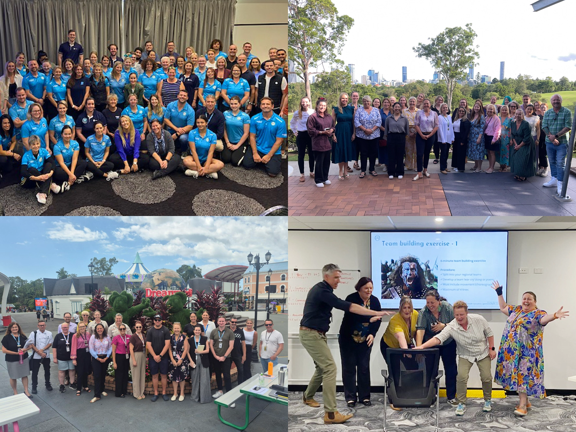 A four-panel image montage illustrating workplace consulting services: top-left shows a large corporate group in matching blue shirts; top-right features a team outdoors with a city skyline background; bottom-left shows a group photo in front of a Dreamworld theme park entrance; and bottom-right displays an interactive, fun team-building presentation in a conference room.